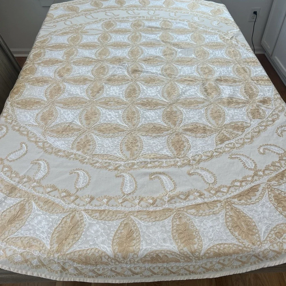Vintage Aghabani Embroidered Orientalist Cotton Silk Tablecloth + 10 Napkins